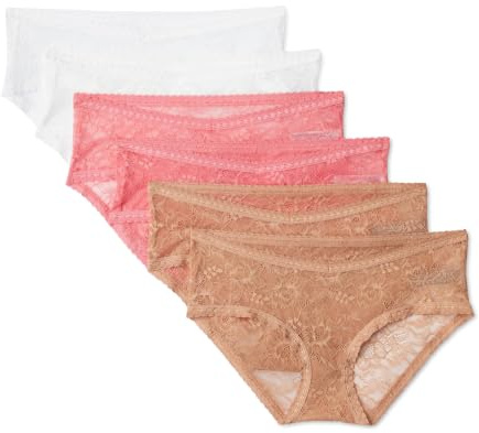 Amazon Essentials Women's Maternity Under Bump All over Stretch Lace Brief, Pack of 6, White / Rose / Washed Bronze, Large