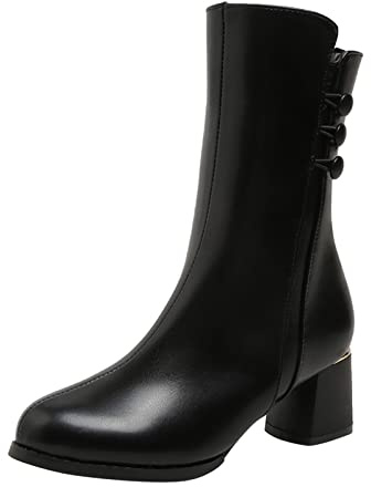 Moda Mujeres Cuero Sintético Color sólido Tacones cuadrados Cremallera Botines medianos Zapatos de punta redonda, Negro , 38 EU