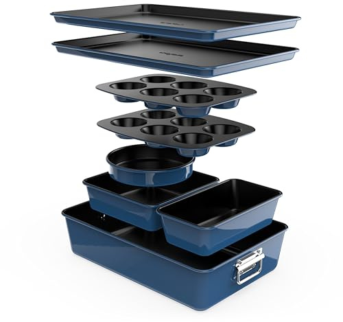 NutriChef 8-Piece Nonstick Bakeware Set - Baking Tray Set w/Non-Stick Coating, 450°F Oven Safe, Round Cake, Loaf, Muffin, Wide/Square Pans, Cookie Sheet (Blue)