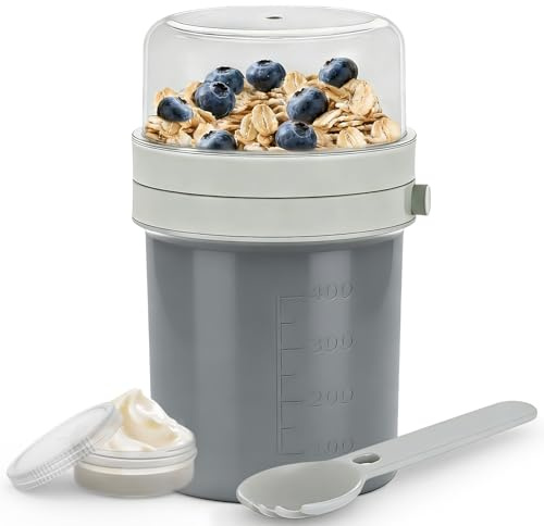 MRUN BONE Vaso de cereales para llevar con cuchara y tenedor, vaso de yogur a prueba de fugas, taza de cereales para viajes, trabajo, escuela, picnic, 450 ml + 250 ml, (gris claro)