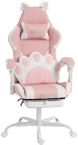 Vinsetto Sedia Gaming Ergonomica con Orecchie da Gatto, Poltrona Gaming Ufficio Reclinabile in Finta Pelle con Poggiapiedi, Poggiatesta e Altezza Regolabile, Supporto Lombare e Cervicale, Rosa