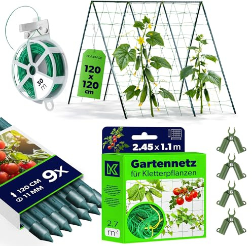 KADAX Gurkor, växtstöd set – 9 x växtstav 120 cm, ranknät 1,8 x 5 m, 4 x växtstavsanslutningar, 30 m trädgårdstråd – gurkhjälpmedel, spaljé, gurkgaller