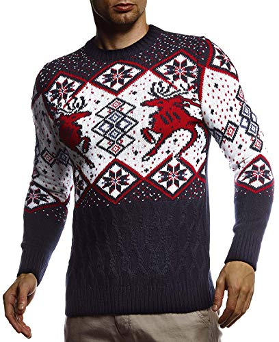Leif Nelson stickad tröja för män, norsk tröja, tröja med rund krage, vintertröja, herrtröja för jul, vinter, norskt mönster, smal passform, crew neck LN20761, blå, XL