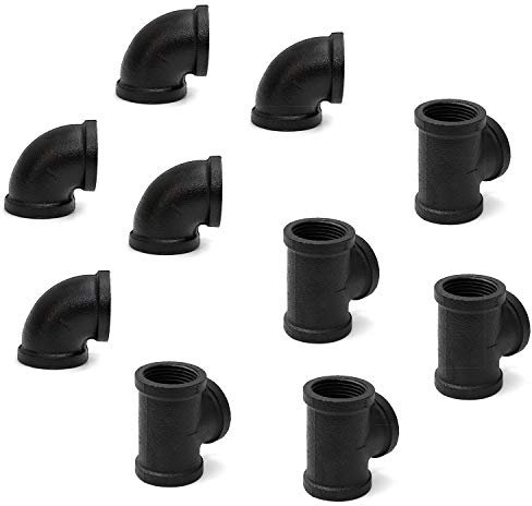 2,5 cm schwarz lackierte Rohrverschraubung T- und Ellbogen, 10 Stück Gewindebogen aus Gusseisen für Steampunk Vintage DIY Pfeifendekor Projekt Möbel Regal Dekoration (10, lackiert (5 5 Tees))