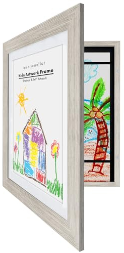 Americanflat Cornice Porta Disegni per Bambini (Legno Effetto Mare) - Cornice A4 con Passepartout e 25x32 cm Senza Passepartout - Cornice Apribile per Disegni Bambini con Vetro Infrangibile