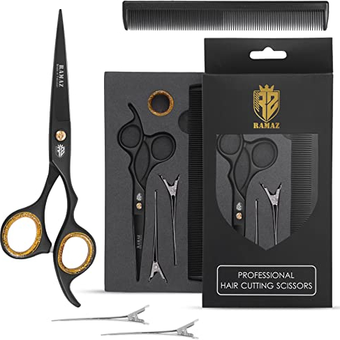 RAMAZ Haarschneideschere - Professionelle Friseurschere - Haarschere aus Edelstahl mit 1 Kamm und 2 Haarspangen - Extra Scharfe 6,5 Friseurschere - Perfekte Haarschneideschere für Damen und Herren