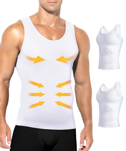 Casey Kevin Kompressionslinne herr platt mage T-shirt set med 2 andningsbara slimmande väst T-shirt mantel topp kroppsform, X4-vitx2, M