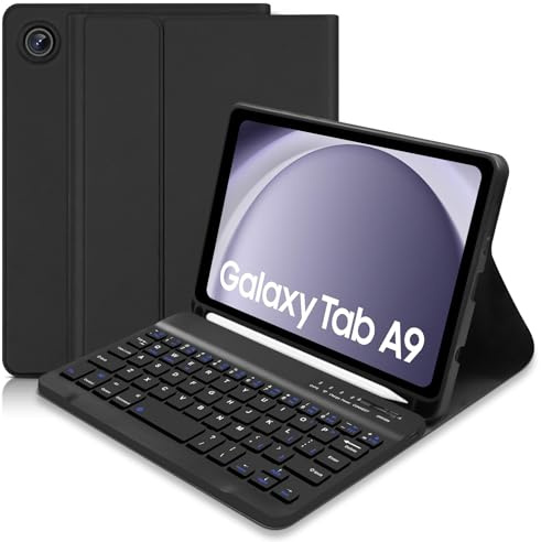 Tangentbordsfodral till Samsung Galaxy Tab A9 8,7 tum 2023, smalt fodral med Bluetooth-tangentbord för Samsung Tablet A9, avtagbart tangentbordsfodral med pennhållare för Galaxy Tab A9, svart