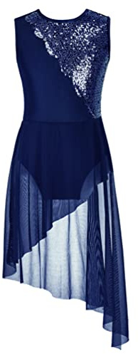 iiniim Vestido Lentejuelas de Danza para Niña Maillot de Patinaje Artístico Leotardo con Falda Tul Body Ballet Disfraz de Baile Actuación A Azul Marino 11-12 años