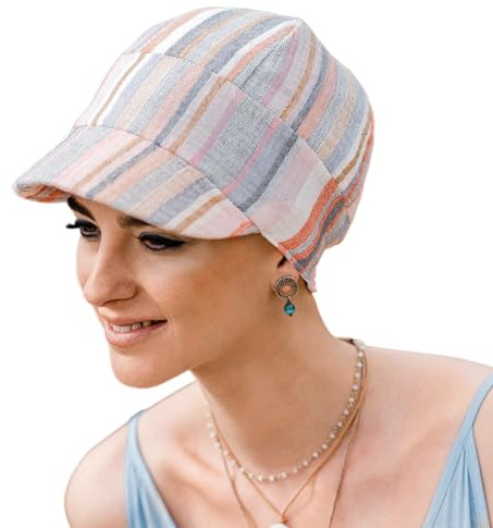 CAREBELL Gorra oncológica Modelo Capri – diseño Mediterráneo en algodón Natural, cómoda y Transpirable, Hecha a Mano en España, Especial para quimioterapia, Alopecia y Pieles sensibles