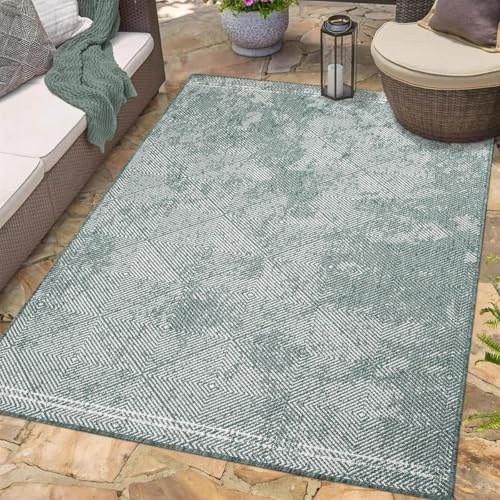 carpet city Outdoor Teppich Wetterfest 200x290 cm - Grün - Wendeteppich, Beidseitiges Meliertes Rauten-Muster - Balkonteppich Wasserfest Outdoor - Terrassenteppich