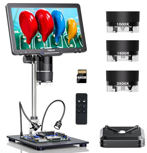 TOMLOV TriL110 3 Objektiv 2K HDMI Digitales Mikroskop, 10,1 Münzmikroskop für gesamte Münzen mit IPS-Bildschirm, 2500X Löt-Mikroskop für Erwachsene Kinder, 14 LED-Leuchten, PC/TV-kompatibel, 64GB