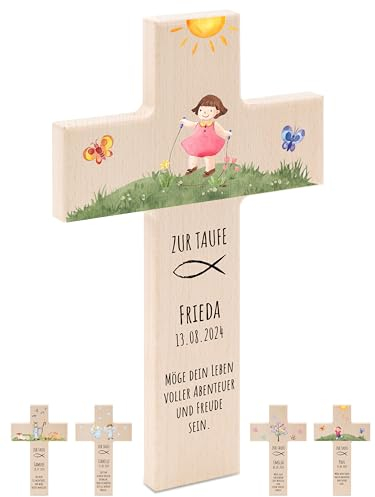 Bärenfreunde - Personalisiertes Taufkreuz mit hochwertigem Spezial-Druck aus massivem Buchenholz - Taufe Geschenk - Holzkreuz Taufe (Mädchen Wiese)