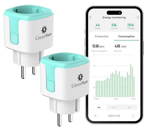 GreenSun Prise Connectée WiFi - Prise Connectée Prise Programmable Consommation Electrique Compatible avec Alexa Smart Life Prise Minuteur Prise Electrique Prises Connectées et Intelligentes 2PC