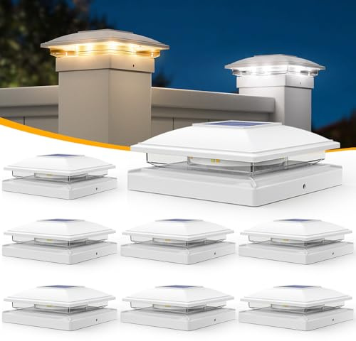 APONUO 8 Pack Solar Post Cap Lights, 2 Modes(Warm/Cool Light) Outdoor Waterproof Fence Post Solar Lights, Solar Powered Garden, Patio, Deck Decor for 4x4, 5x5, 5.5x5.5 Wood & Vinyl Posts, White