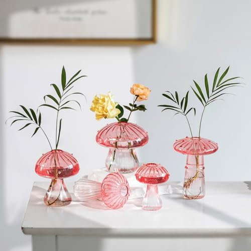 Hewory Mushroom Vase Bud Vases: Pink Mushroom Decor Propagation Station for Cottagecore Room Decor, Cute Plant Terrarium Hydroponics Small Vases for Table Decoration Plant Gifts Christmas Centrepiece