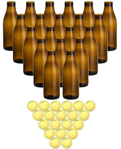 gouveo 20er Set Saftflasche 1000 ml Antik mit Schraubdeckel goldfarben - Braune Glasflasche 1 Liter mit TO48 Verschluss - Leere Flasche zum Befüllen (SFA1000G)