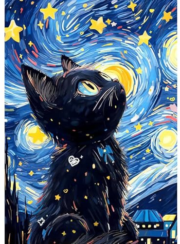MEIYUDA 5D Diamond Painting Kit Completo Notte Stellata Gatto, Pittura Diamante per Bambini Diamond Painting, Fai-da-te Diamond Painting DIY Strass Ricamo a Punto Croce Decorazione per Casa 30x40cm