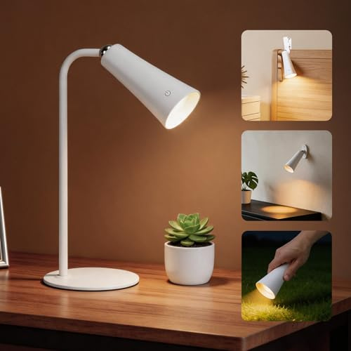 Aigostar Lampada da Scrivania LED Magnetica 4 in 1, Lampada da Tavolo 360° Regolabile, Regolabile Touch, Ricaricabile USB per Lettura, Comodino, Clip/Montaggio a Parete, Torcia - Bianco