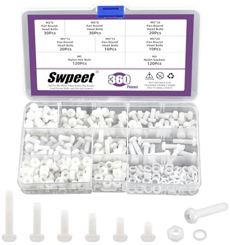 Swpeet 360 vis à tête ronde M5 en nylon blanc avec écrous hexagonaux et joints, vis à tête ronde Phillips en nylon, vis à tête ronde en nylon, vis de machine en plastique en nylon, longueur