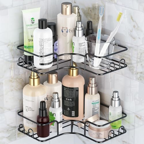 GeeRic Duschablage Ecke, Duschregal ohne Bohren 2 Stück - Duschregal Ecke mit Haken,Duschregal Shampoo Halterung Für Dusche Duschkorb Dusche Halterung Badezimmer Organizer