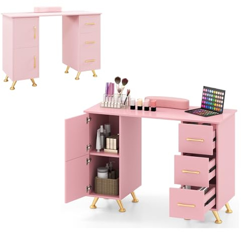 HOMASIS Tavolo per Manicure in Legno, Scrivania per Unghie con 3 Cassetti, 2 Armadietti, Poggiapolsi Rimovibile, Tavolo da Nail Art con Piedini Metallici per Salone di Bellezza, Trucco (Rosa)