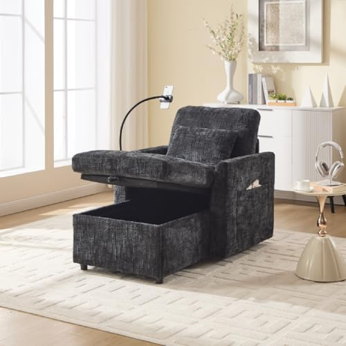 Sofá reclinable multifuncional, respaldo plegable, con soporte para teléfono móvil, chenilla, silla de ocio individual, para salón, dormitorio, hogar pequeño (negro)