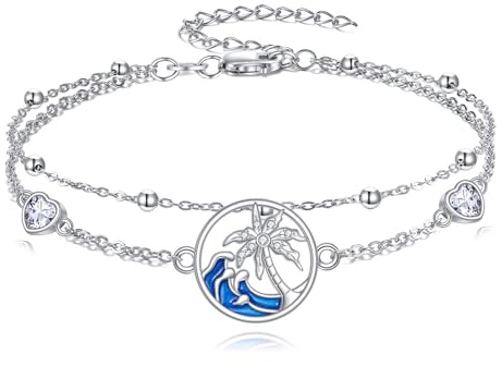 LONAGO Argent Sterling 925 Bracelet de Cheville pour Femme Cocotier avec Vague Bracelet de Cheville