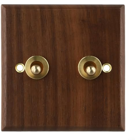 Interrupteur à bascule rétro 1/2 voie avec plaque en noyer massif et levier en laiton, interrupteur électrique mural décoratif pour le contrôle de l'éclairage domestique, brun (2 sorties)
