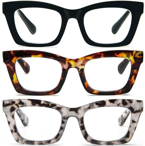 KoKoBin 3 Pack Occhiali da lettura per donna, occhiali da computer oversize alla moda con dalla luce blu e cerniera a molla (Nero/Marrone leopardata/Grigio leopardata, 1.5, x)