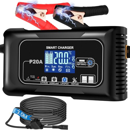 Caricabatteria da auto 20 A 12 V/24 V con caricabatterie per batterie LiFePO4 e piombo-acido (AGM, Gel, MF, EFB, SLA, ecc.), Trickle Charge, desolfator, display LCD per auto, moto, barca, tosaerba