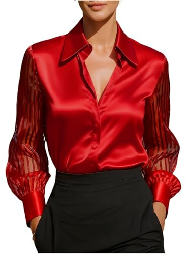 Tops For Women, Silk Blouses Uk Satin Shirts Button Down Casual Loose Long Sleeve Office Work Tunic Tops Blouses Women Tee Shirts Clothes Party Tops (M, Red)