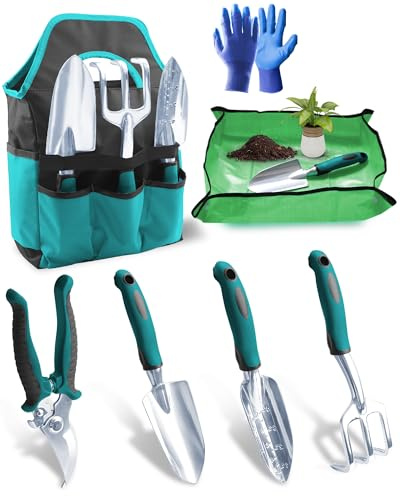 7 Piezas Juego de Herramientas de Jardinería con Mango Ergonómico – Kit de Herramientas de Jardín Anti-Rust con Bolsa de Almacenamiento – Regalo Ideal para Jardinería