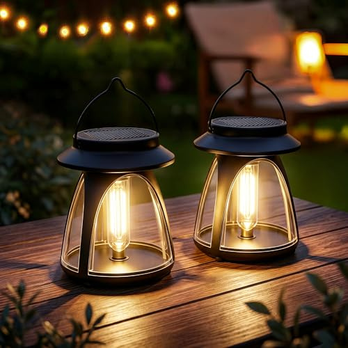 Lampara Solar Exterior Jardin, 2 Piezas Farolillos Solares Exterior Colgante LED Farol Solar Mesa Impermeable Lámpara Solar Linterna para Adornos Terraza Balcón Valla Camping Decoracion, Blanco Cálido