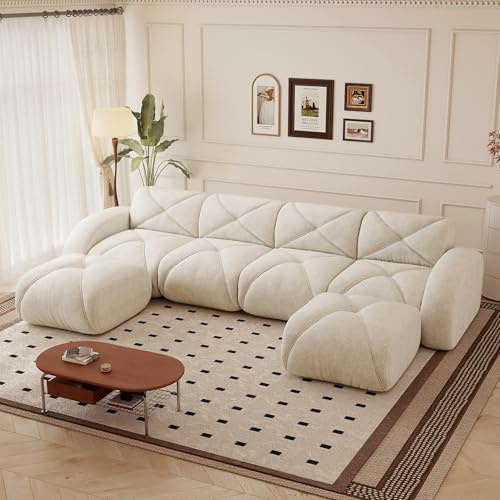 Yihomfy Canapé d'angle Convertible Moderne - 258 cm Grand canapé d Angle compressé 6 Places, canapé modulable en Chenille en Forme de U avec 2 poufs pour Le Salon, Aucun Montage requis, Blanc