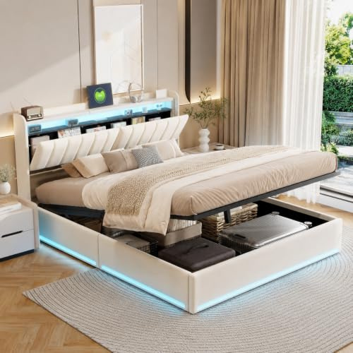 KSFASHZ Cama con almacenaje 140x190cm con cabecera de almacenamiento, cama doble acolchada con luz LED y USB, marco de cama con somier de láminas, terciopelo (sin colchón)