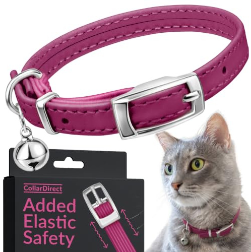 CollarDirect Leather Cat Collar with Removable Bell – Safety Kitten Collar with Elastic Strap (Pink, 15-18 cm)