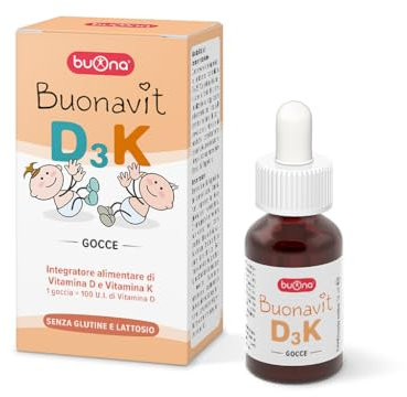BuonaVit D3K Vitamina D Bambini e Vitamina K 12ml, Vitamina D3 Gocce 400 UI al Giorno, Senza Glutine e Lattosio, Vitamina D Gocce, Made in Italy