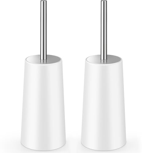 Toilet Brush and Holder, 2 Pack Toilet Brush with 304 Stainless Steel Long Handle, Toilet Bowl Brush for Bathroom Toilet-Ergonomic, Elegant,Durable (White)