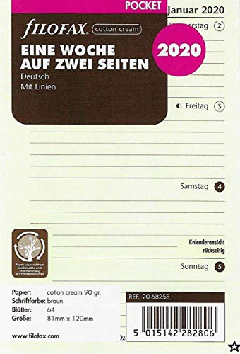Filofax kalenderinlägg ficka 1 vecka på 2 sidor bomullskräm (tyska) 2020