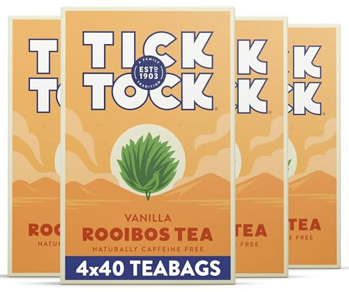 Tick Tock Vanilla Rooibos Tea - Caffeine-Free Pack of 4 x 40 Biodegradable Tea Bags (160 Teabags) for Wellbeing and Relaxation