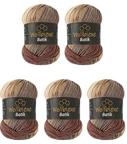 Wollbiene Batik 5020-5 ovillos de 100 g de lana con degradado, multicolor, para tejer, 500 g, multicolor (5020 marrón y beige)