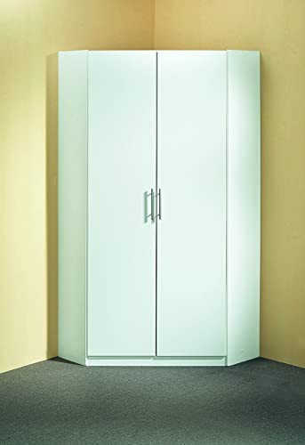 möbelando Eckschrank Runner aus Spanplatte in Weiß mit 2 Türen und 8 Einlegeböden. Abmessungen (B/H/T) 95x198x95 cm