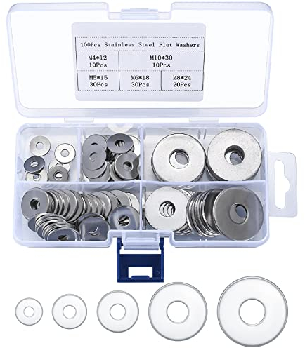 AoyfuwellLot de 100 rondelles plates rondes M4/M5/M6/M8/M10 en acier inoxydable pour vis, boulons, décoration d'intérieur, réparation générale