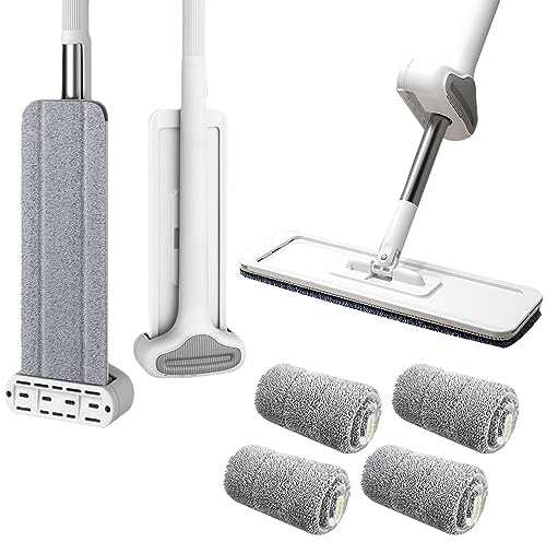 Selbstreinigender Flachmopp für Faule, Großer Flachmopp, Flacher Wischmopp 360° Drehgelenk Bodenwischer Set Flachmopp mit Wiederverwendbaren Mikrofaser-Wischpads (Weiß + 4 Pads)