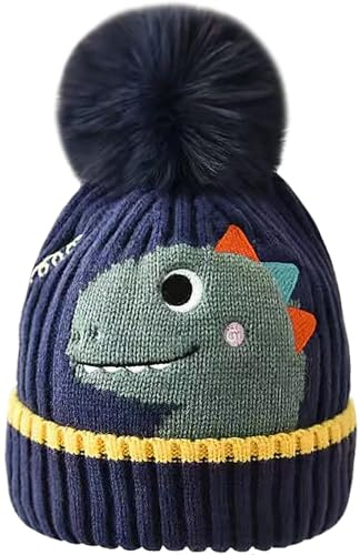 Malaxlx Bonnet Pom Pom Dinosaure Tricoté pour Enfants - Bonnet d'hiver Doublé en Fleece, Chaud et Confortable pour Garçons et Filles de 2 à 8 Ans