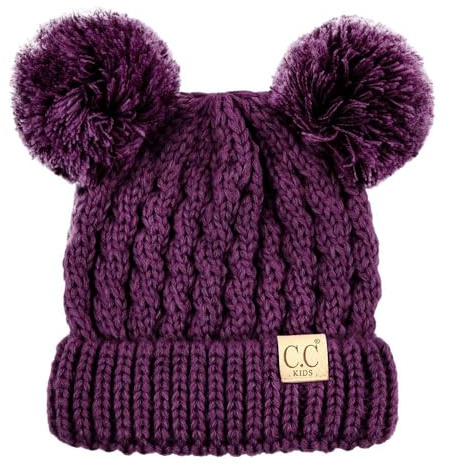 C.C Kids' Cable Knit Double Pom Beanie for Kids - Comfortable Soft Warm Children Youth Skully Hat with Pom, Yarn Pom Dark Purple