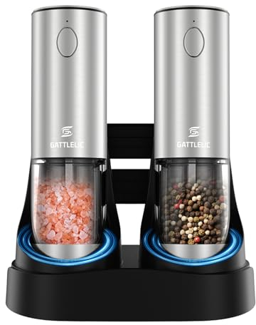 Electric Salt and Pepper Grinder Set, Automatic Pepper Mill Grinder w/Upgraded Charge Base and LED Light,Adjustable Coarseness,Rechargeable Black Peppercorn & Sea Salt Spice Mill Set