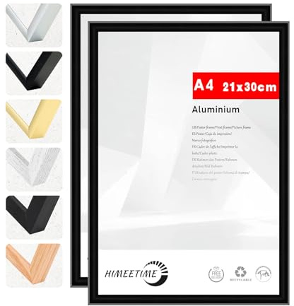 HIMEETIME® 2x Marco de fotos A4， 21 * 27.9 cm Aluminio Negro marcos cuadros，Para Decoración de Pared y Decoración Hogar marco A4 Grandes para Pósters