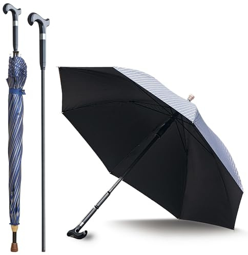 Walking Cane Umbrella For Taller, Heavy Duty Stick Umbrella With Longer Carbon Fiber Cane, Large Walking Stick Umbrella Crutch Umbrella - Ideal Gift For Night Hiking Rainy (Blue Stripe Extra Long)